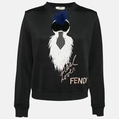 Pre-owned Fendi Black Karlito Fur Trim Stretch Knit Sweatshirt S