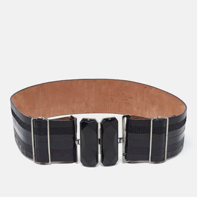 Pre-owned Fendi Black Karung Patent And Leather Wide Waist Belt 70cm