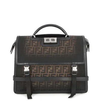 Pre-owned Fendi Black Khaki Canvas Leather Backpack Handbag () In Multi