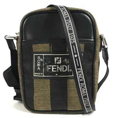 Pre-owned Fendi Black Khaki Leather Canvas Pochette Shoulder Bag () In Black, Khaki