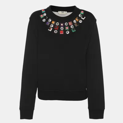 Pre-owned Fendi Black Knit Embellished Neck Detail Cropped Sweatshirt M