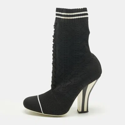 Pre-owned Fendi Black Knit Fabric Rockoko Ankle Length Boots Size 37