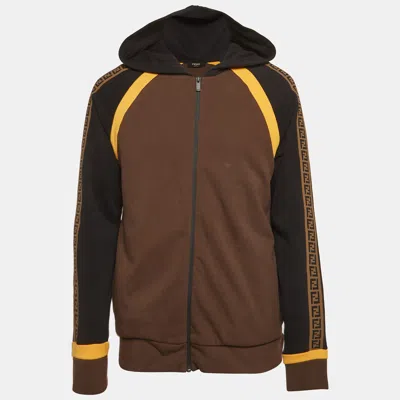 Pre-owned Fendi Black Knit Logo Tape Detail Hooded Jacket L In Brown