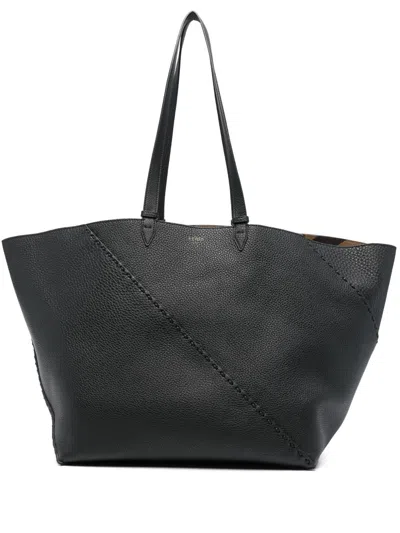 Fendi Black Large Selleria Diagonal Shopper Tote Bag