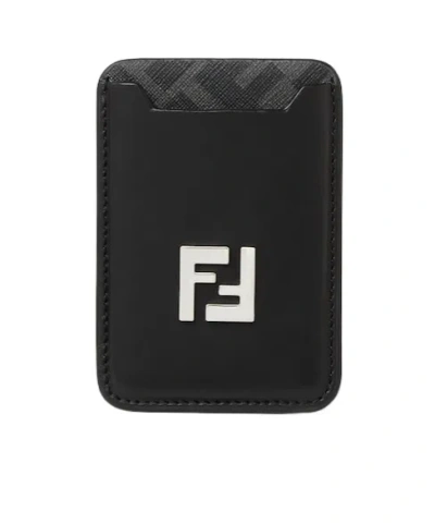 Fendi Black Leather And Black Ff Canvas Card Holder