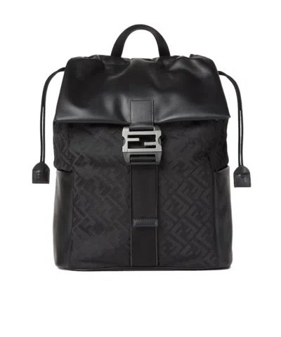 Fendi Black Leather And Black Ff Nylon Bag