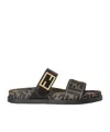 Fendi Black Leather And Brown Ff Fabric Slides In Black