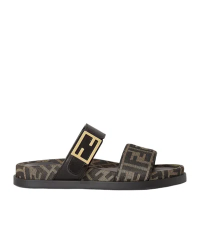 Fendi Black Leather And Brown Ff Fabric Slides