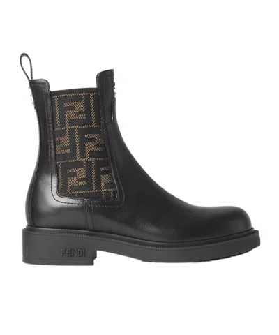 Fendi Black Leather And Ff Fabric Biker Jacket