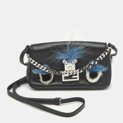 Pre-owned Fendi Black Leather And Fox Fur Micro Buggie Crossbody Bag