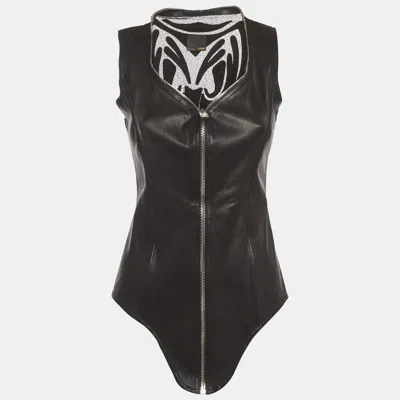 Pre-owned Fendi Black Leather And Mesh Sleeveless Full-zip Bodysuit Top S