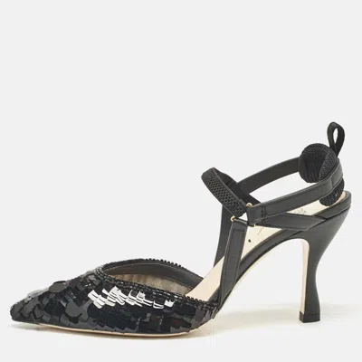 Pre-owned Fendi Black Leather And Sequins Colibri Slingback Pumps Size 36