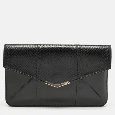 Pre-owned Fendi Black Leather And Snakeskin 2jours Envelope Clutch