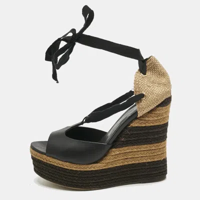 Pre-owned Fendi Black Leather And Straw Ankle Tie Wedge Espadrille Sandals Size 38.5