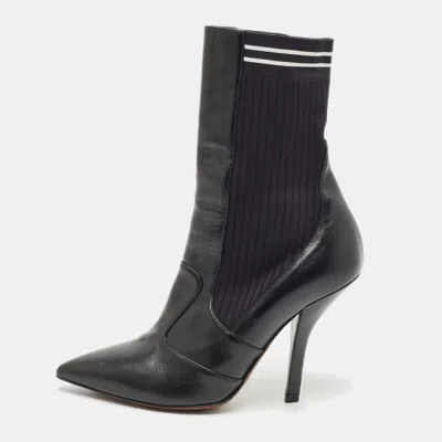 Pre-owned Fendi Black Leather And Stretch Knit Fabric Rockoko Ankle Boots Size 38.5