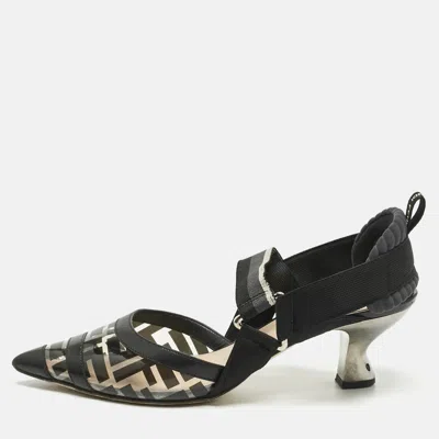 Pre-owned Fendi Black Leather And Zucca Pvc Colibri Slingback Pumps Size 38