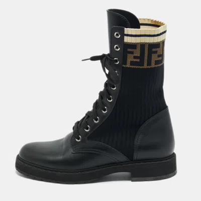 Pre-owned Fendi Black Leather And Zucca Stretch Fabric Rockoko Combat Boots Size 38