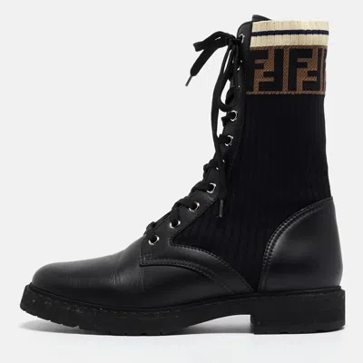 Pre-owned Fendi Black Leather And Zucca Stretch Fabric Rockoko Combat Boots Size 39