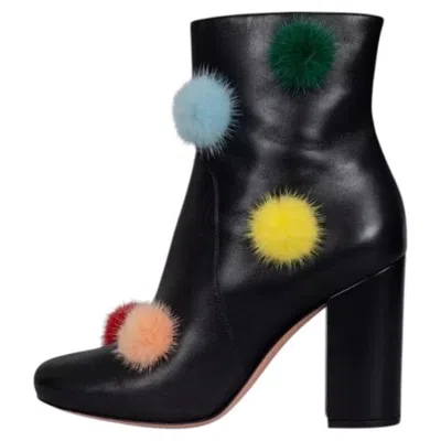 Pre-owned Fendi Black Leather Ankle Boots With Fur Pompoms Eu 39.5 Block Heel