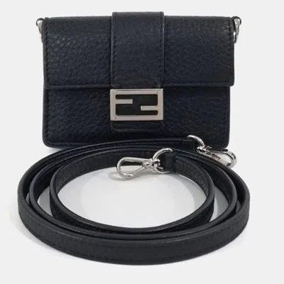 Pre-owned Fendi Black Leather Baguette Flap Micro Card Holder And Crossbody Bag