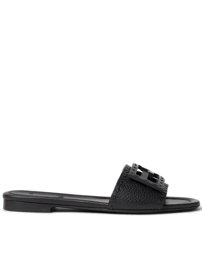 Fendi Flat Sole Open Toe Textured Strap Slides In Black