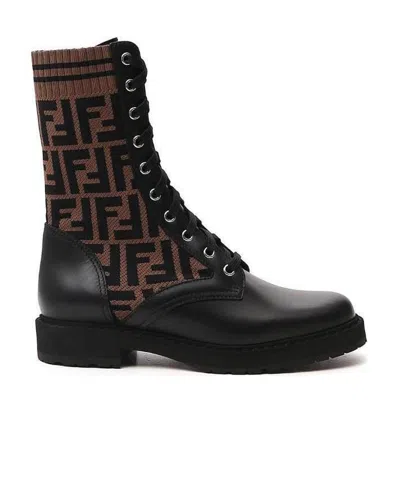 Fendi Black Leather Biker Boots With Stretch Fabric