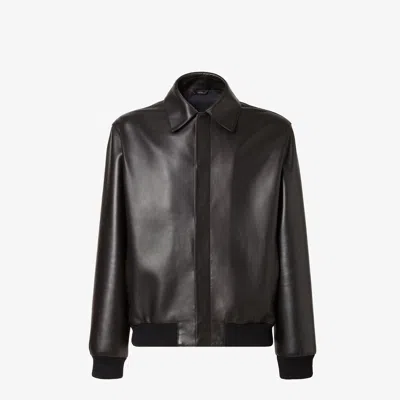 Fendi Black Leather Bomber Jacket In Brown