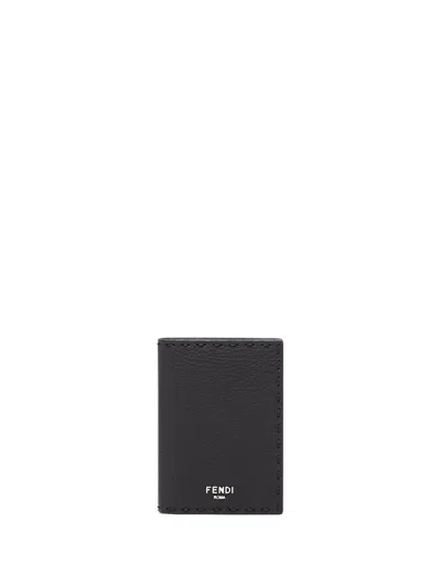 Fendi Black Leather Card Holder In Nero Palladio