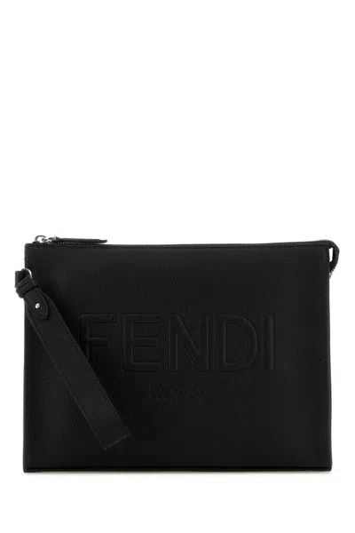 Fendi Black Leather Clutch In Neropalladio