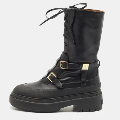 Pre-owned Fendi Black Leather Delfina Biker Boots Size 38