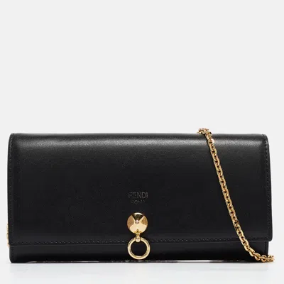 Pre-owned Fendi Black Leather Dotcom Wallet On Chain