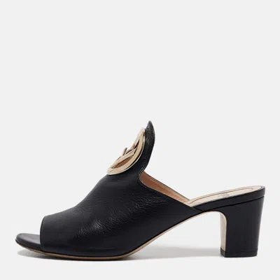 Pre-owned Fendi Black Leather F Logo Open Toe Mules Size 36.5
