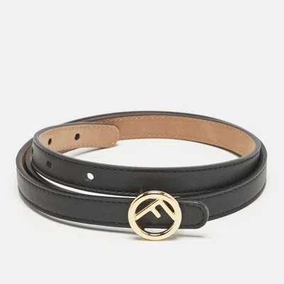 Pre-owned Fendi Black Leather F Round Slim Buckle Belt 85cm