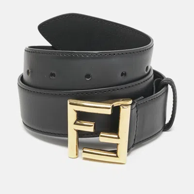 Pre-owned Fendi Black Leather Ff Buckle Belt 65 Cm In Brown