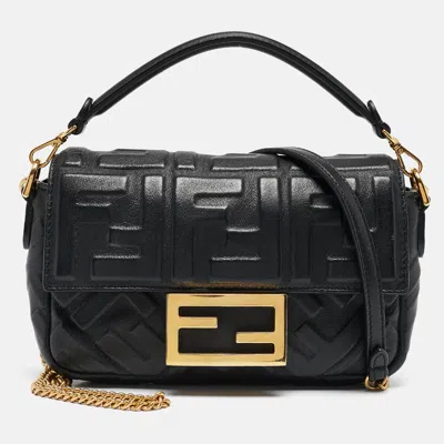 Pre-owned Fendi Black Leather Ff Motif Baguette Mini Chain Bag