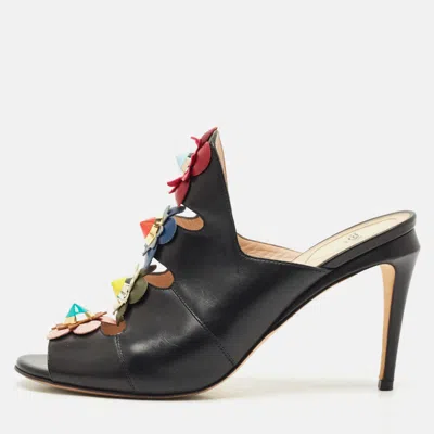 Pre-owned Fendi Black Leather Flowerland Slide Sandals Size 40