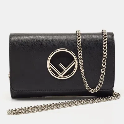 Pre-owned Fendi Black Leather Kan I F Wallet On Chain