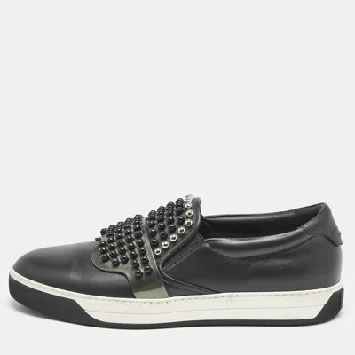 Pre-owned Fendi Black Leather Karlito Studded Low Top Slip On Sneakers Size 44
