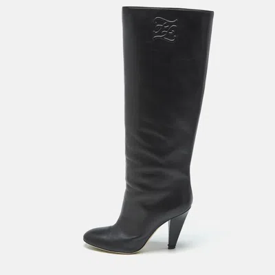 Pre-owned Fendi Black Leather Knee Length Boots Size 38.5