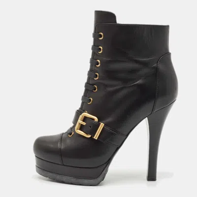 Pre-owned Fendi Black Leather Lace Up Ankle Length Boots Size 36