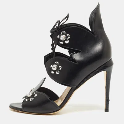 Pre-owned Fendi Black Leather Lace Up Crystal Embellished Sandals Size 40