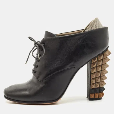 Pre-owned Fendi Black Leather Lace Up Polifonia Ankle Boots Size 38.5