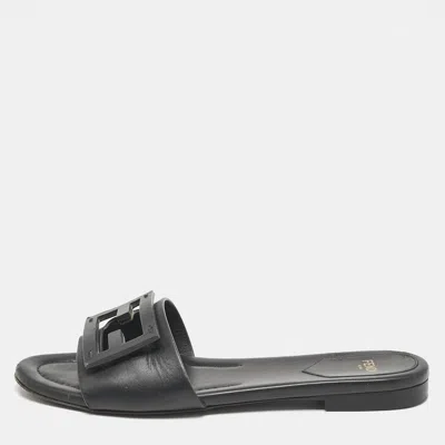 Pre-owned Fendi Black Leather Logo Flat Slides Size 37
