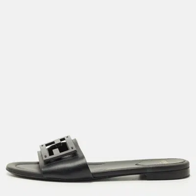 Pre-owned Fendi Black Leather Logo Flat Slides Size 38