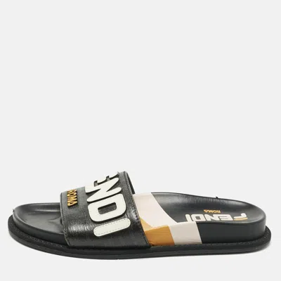 Pre-owned Fendi Black Leather Mania Motif Flat Slide Sandals Size 36.5