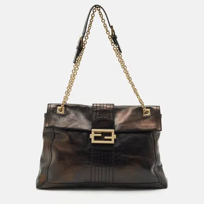 Pre-owned Fendi Black Leather Maxi Baguette Flap Shoulder Bag