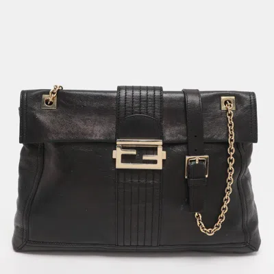 Pre-owned Fendi Black Leather Maxi Baguette Flap Shoulder Bag