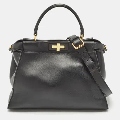 Pre-owned Fendi Black Leather Medium Peekaboo Top Handle Bag