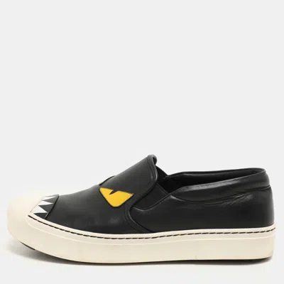 Pre-owned Fendi Black Leather Monster Slip On Sneakers Size 38.5