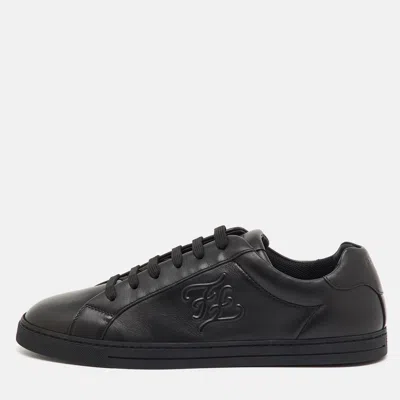 Pre-owned Fendi Black Leather Motif Low Top Sneakers Size 42.5